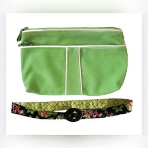 Vera Bradley BUNDLE Lime Green Clutch Purse/ Cosmetic Bag + Reversible Belt